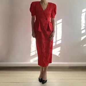 Vintage 80's Red Rose Jaquard Dress & Jacket Set